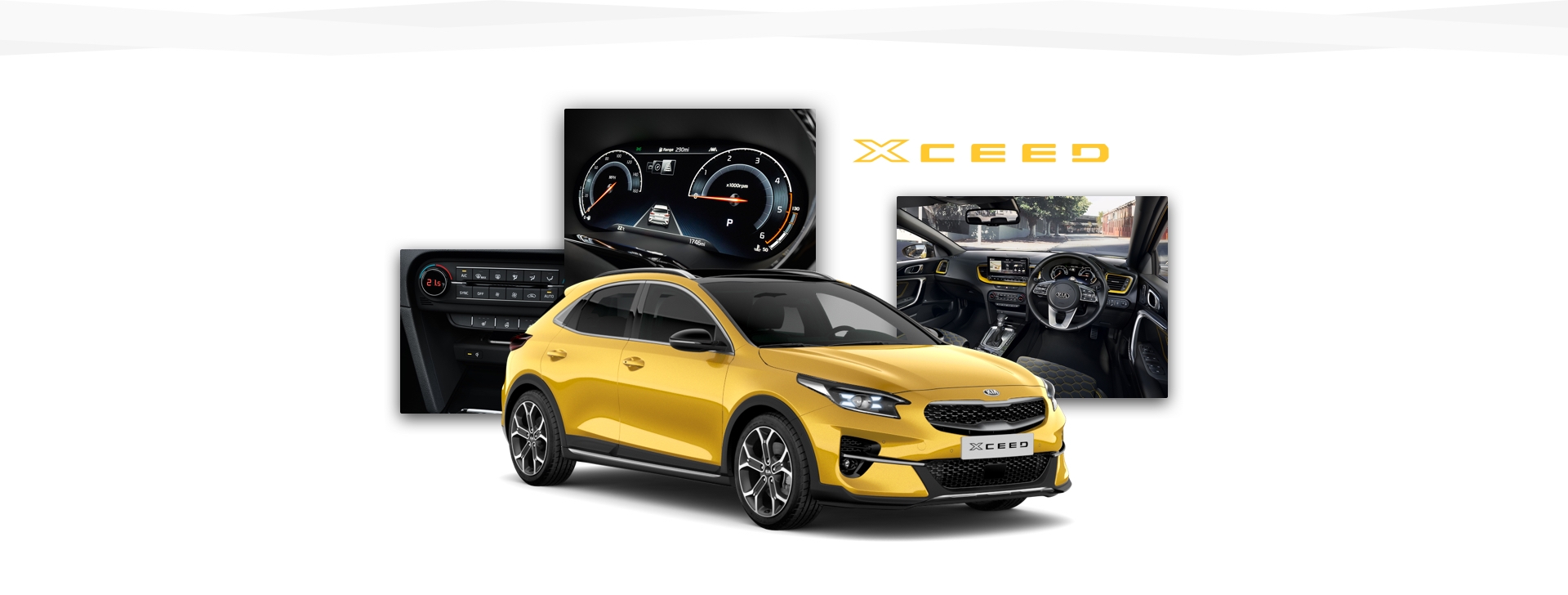 Vue latérale de la Kia Xceed avec prises de vues de l’habitacle et du combiné d’instruments