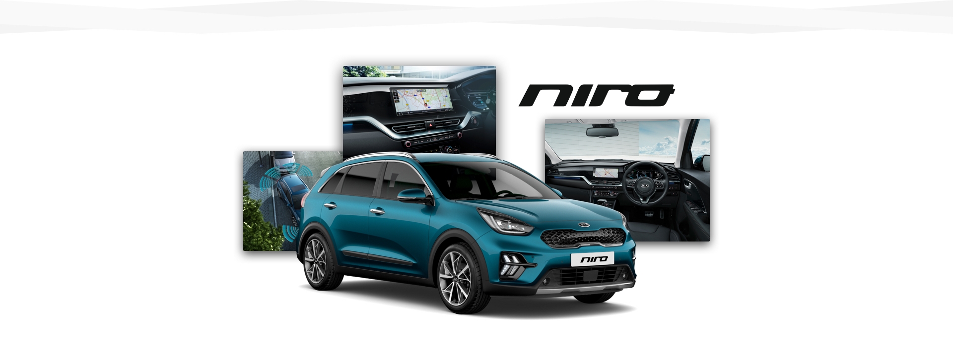 Vue latérale du Kia Niro Hybrid avec prises de vues du système d’aide au stationnement, du panneau de navigation et de l’habitacle