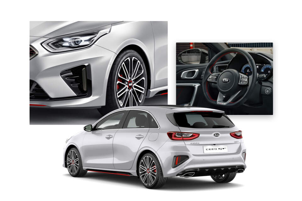 Side view of the Kia Ceed GT and shots of its interior and front grille