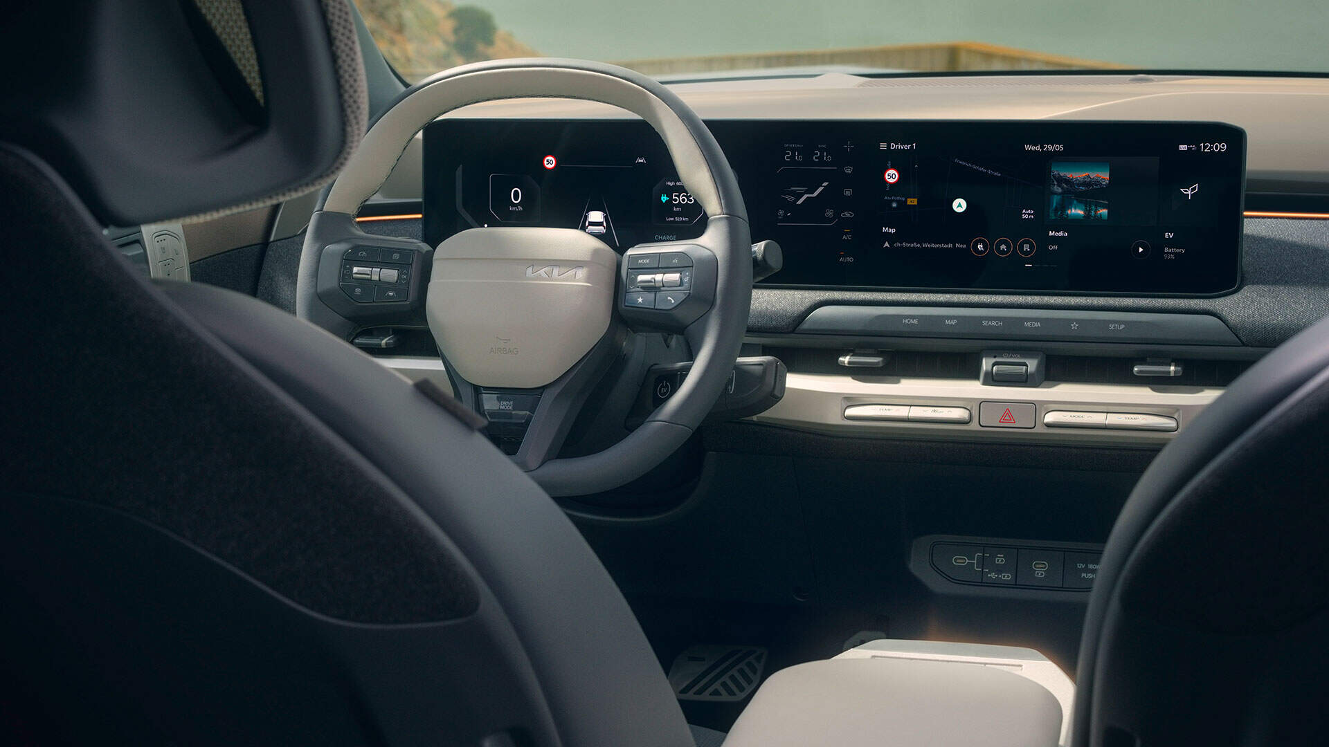 Interior view of a Kia EV3 showcasing modern design and high-tech features.