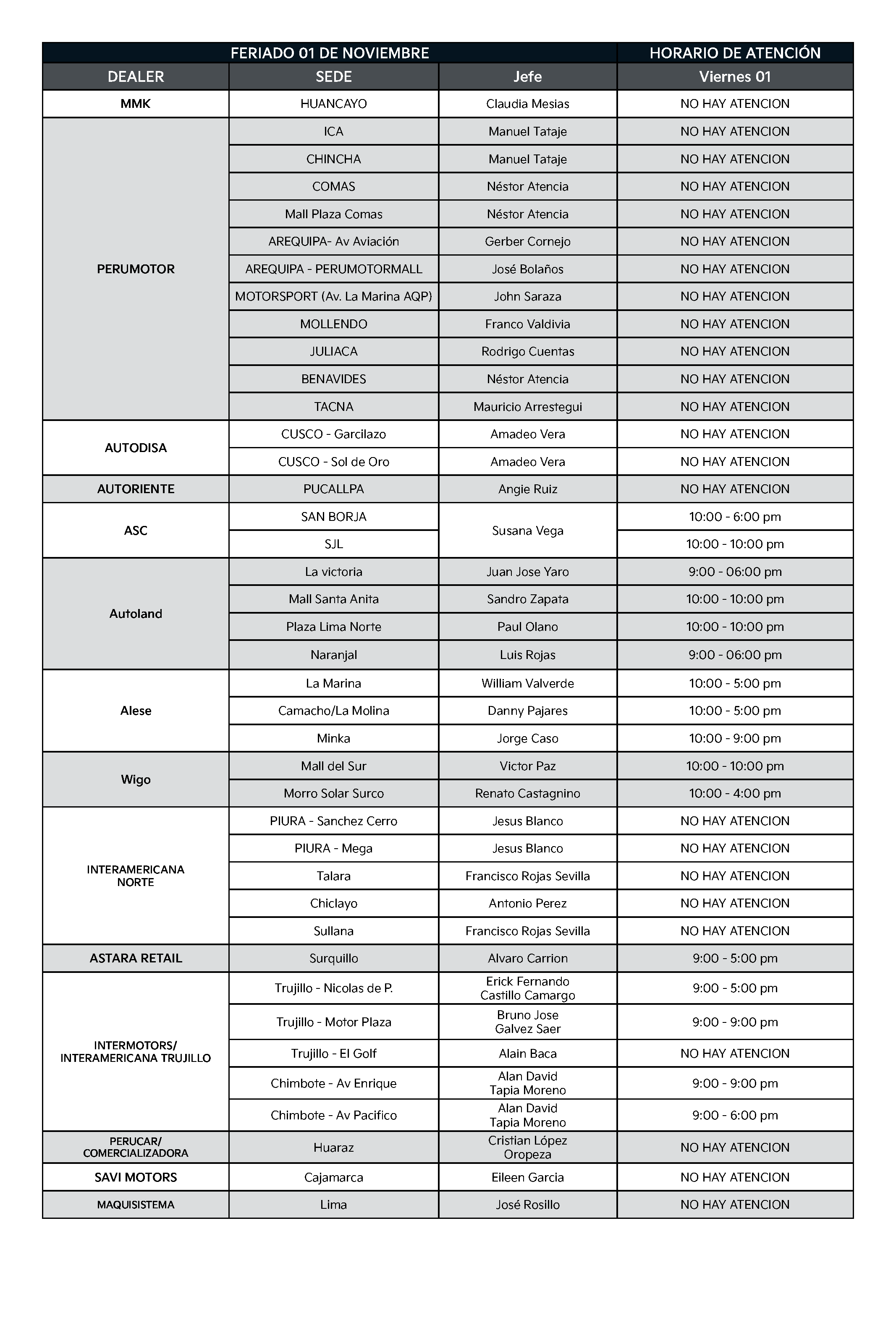 Horario feriado