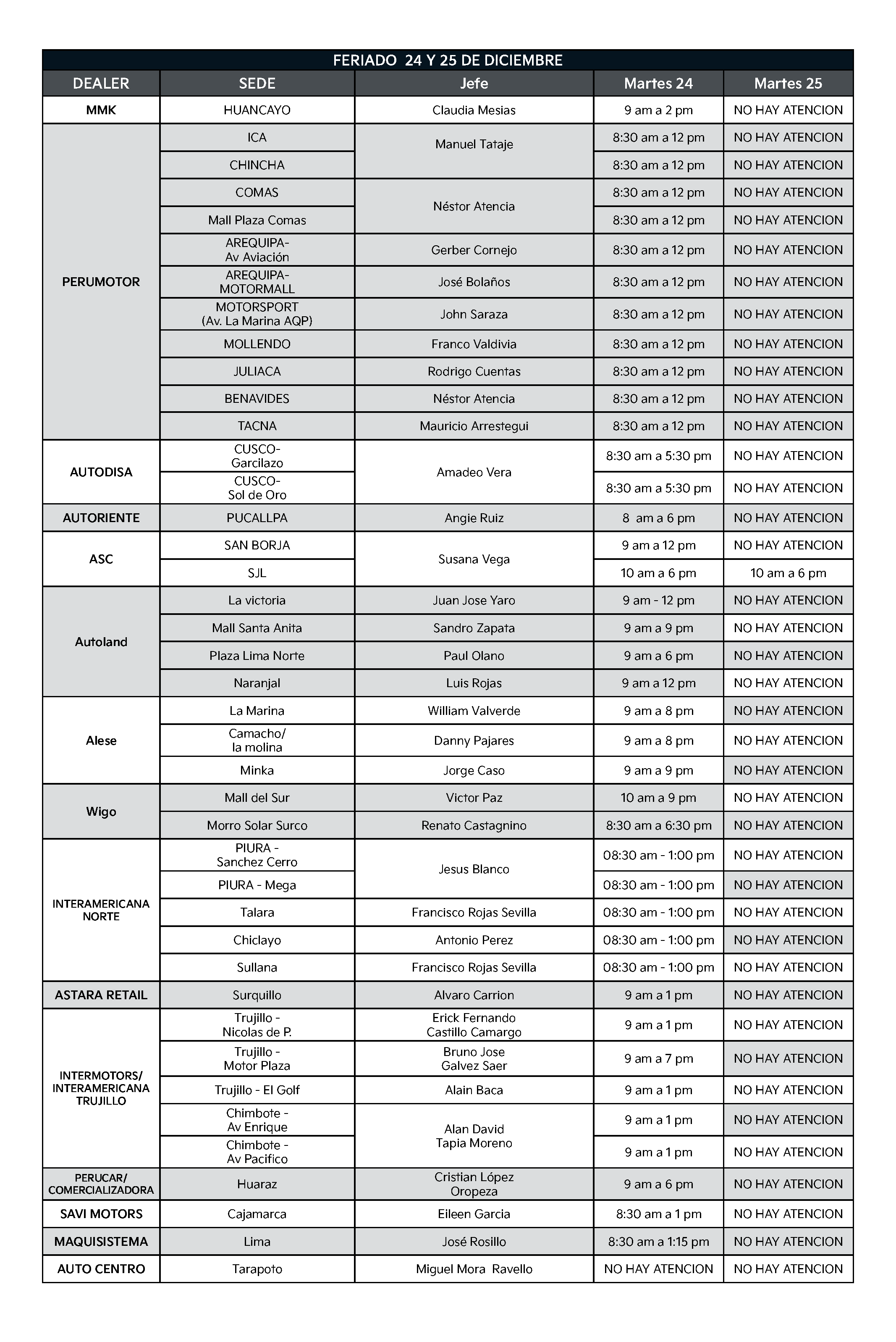 Horario feriado