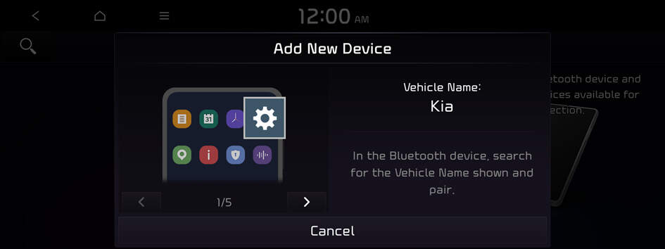 Add New Device popup on infotainment system screen