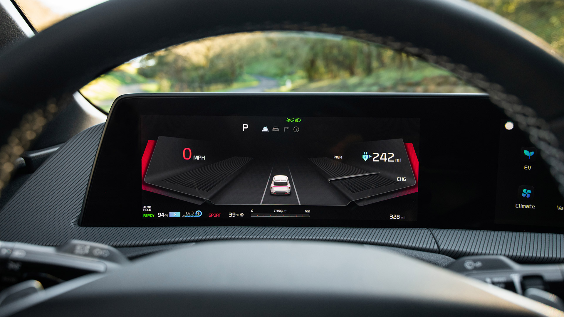 หน้าขอ cluster ของ Kia EV ใน Sport Mode
