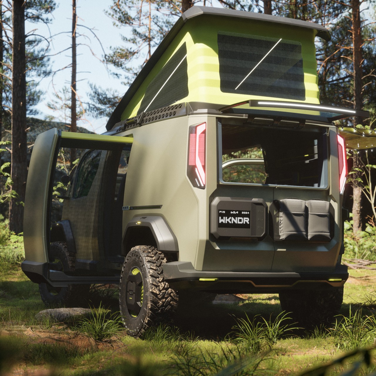 Kia "WKNDR" concept EV van in the middle of a forest showcasing its flexible modular interior to store camping equipment in its gear head, rear three-quarter view